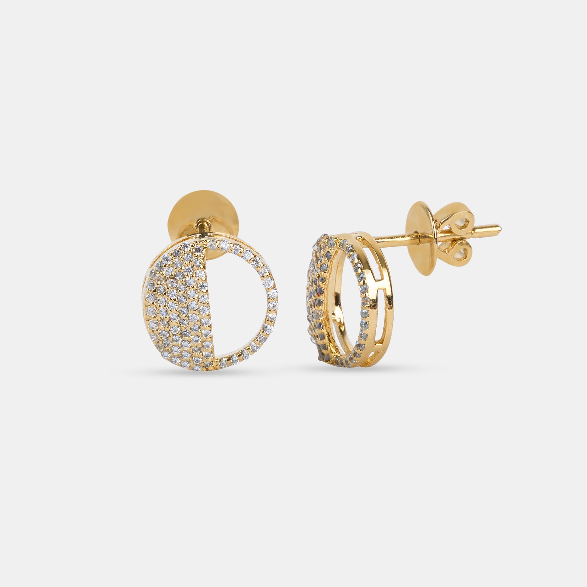 First Quarter Earrings in 92.5 Sterling Silver and high gold polish, featuring american diamonds