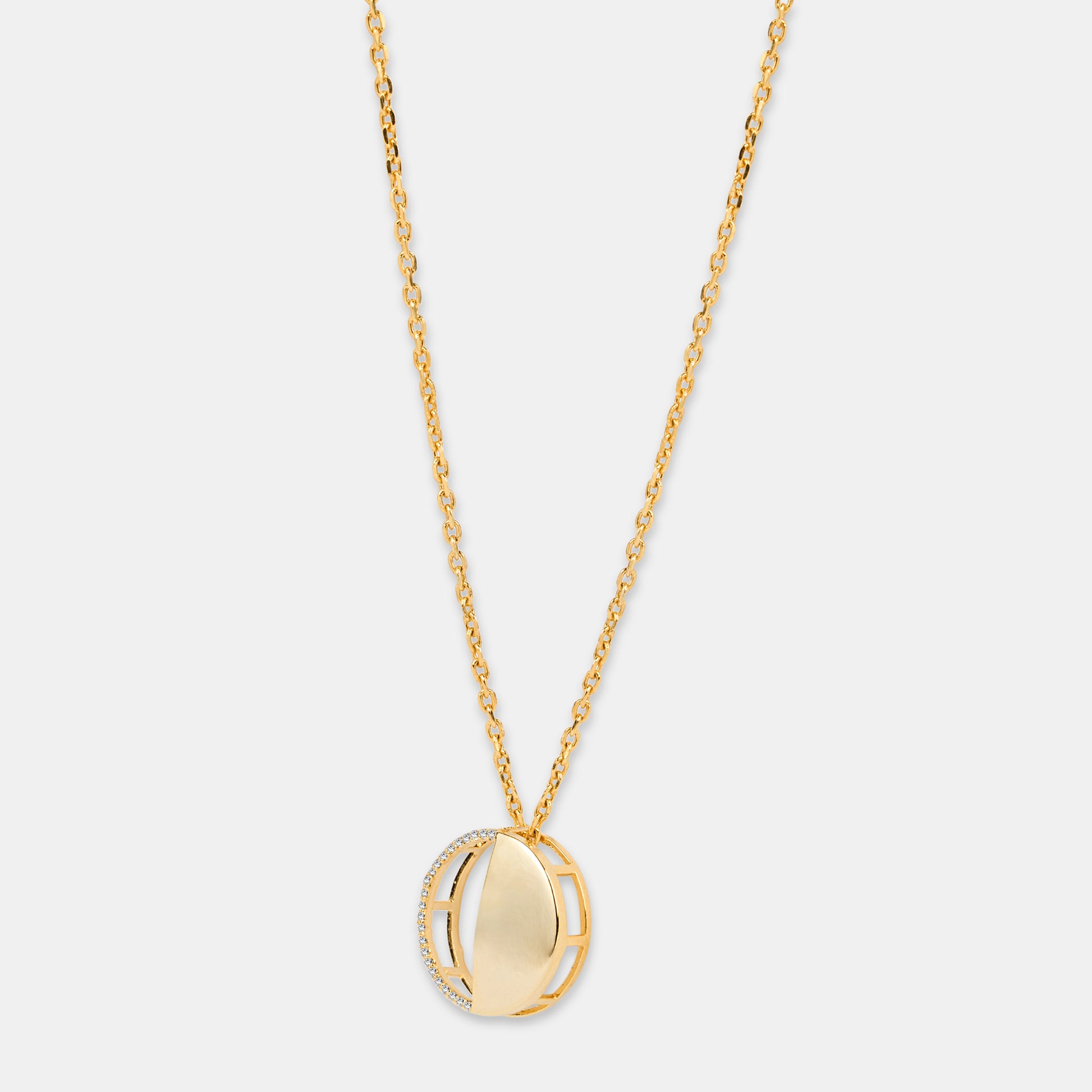 Last Quarter Pendant in 92.5 Sterling Silver and high gold polish with chain, featuring american diamonds