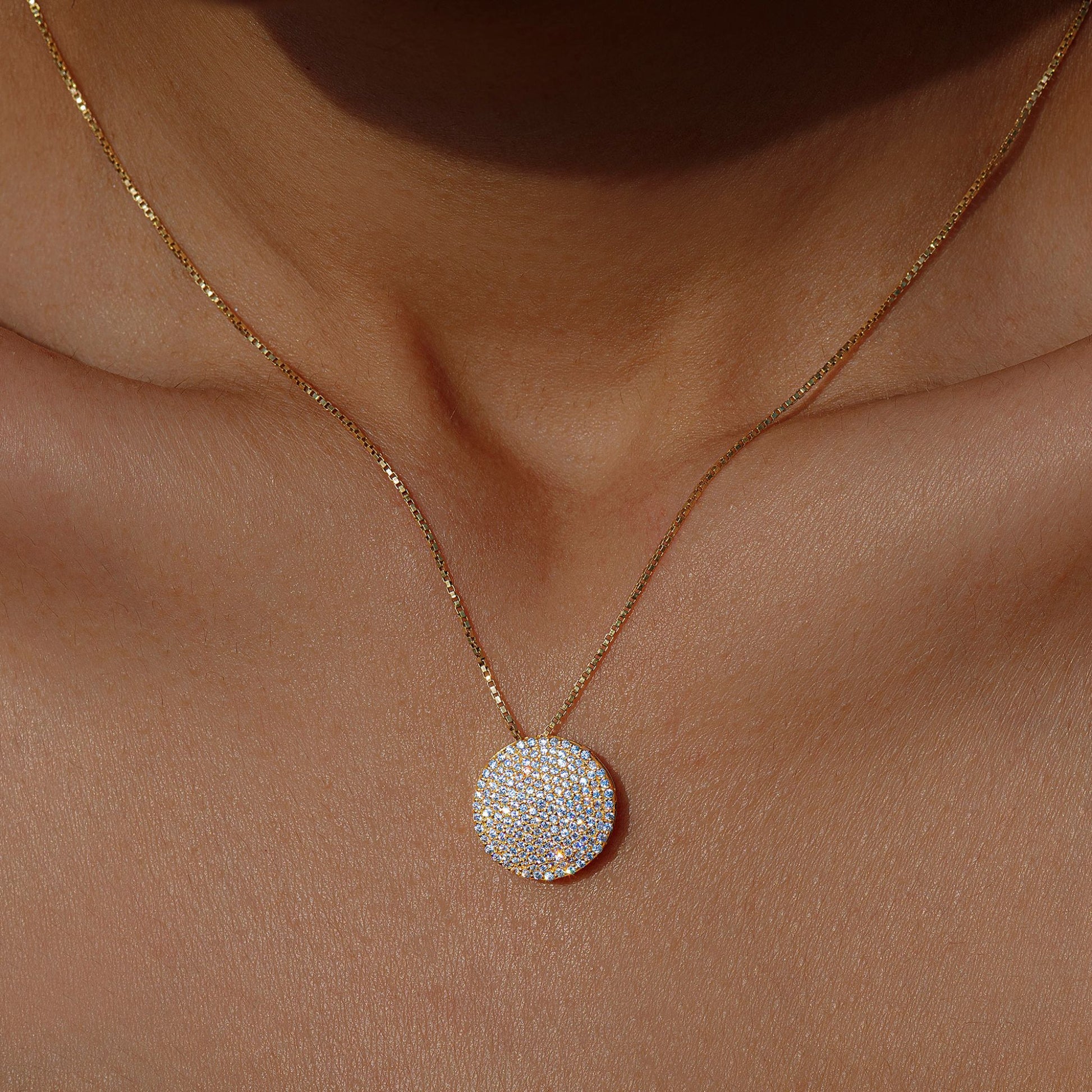 New Moon Pendant with chain in 92.5 Sterling Silver and high gold polish, featuring american diamonds