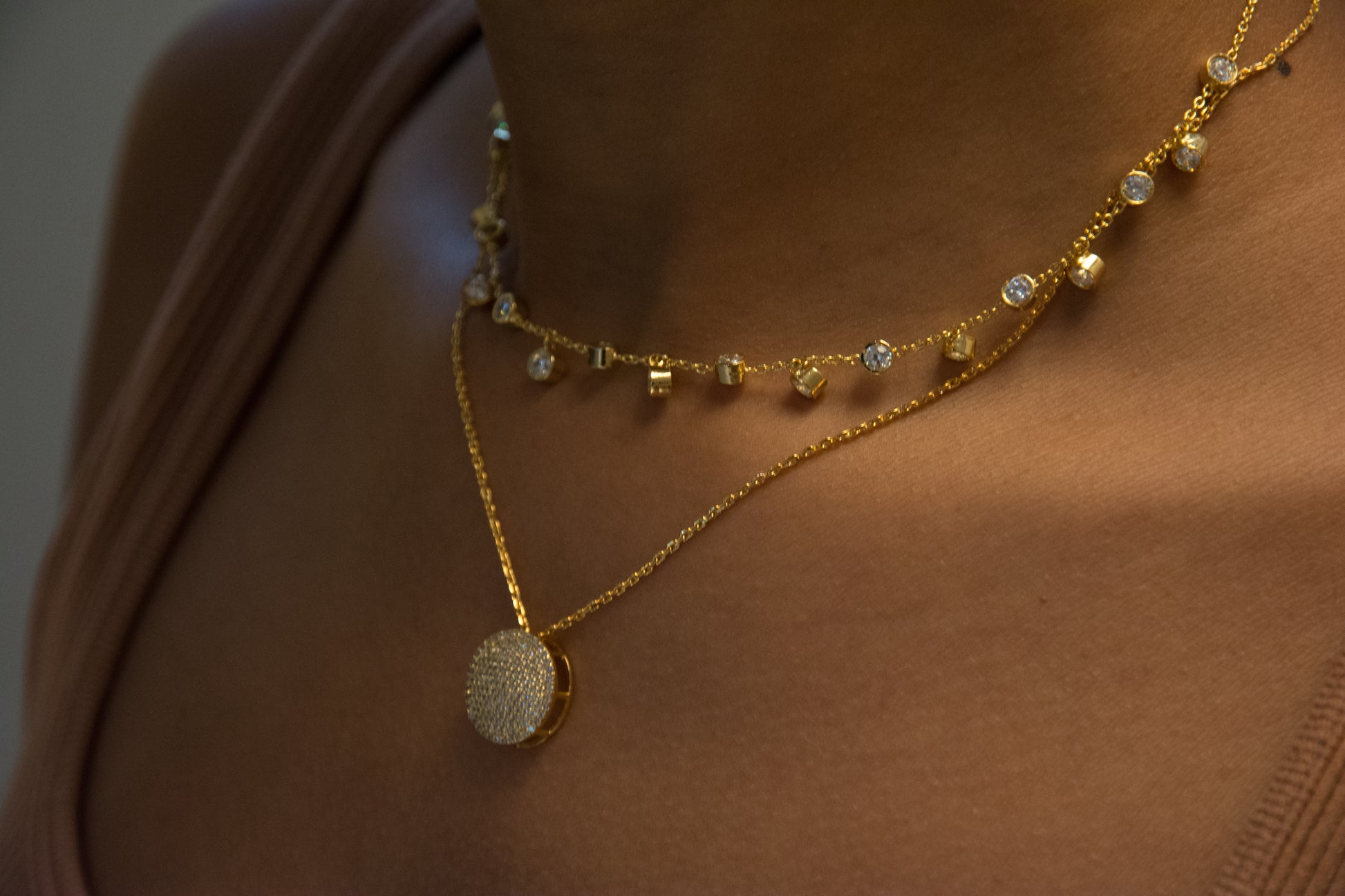 New Moon Pendant Layered with Connect the Dots Necklace