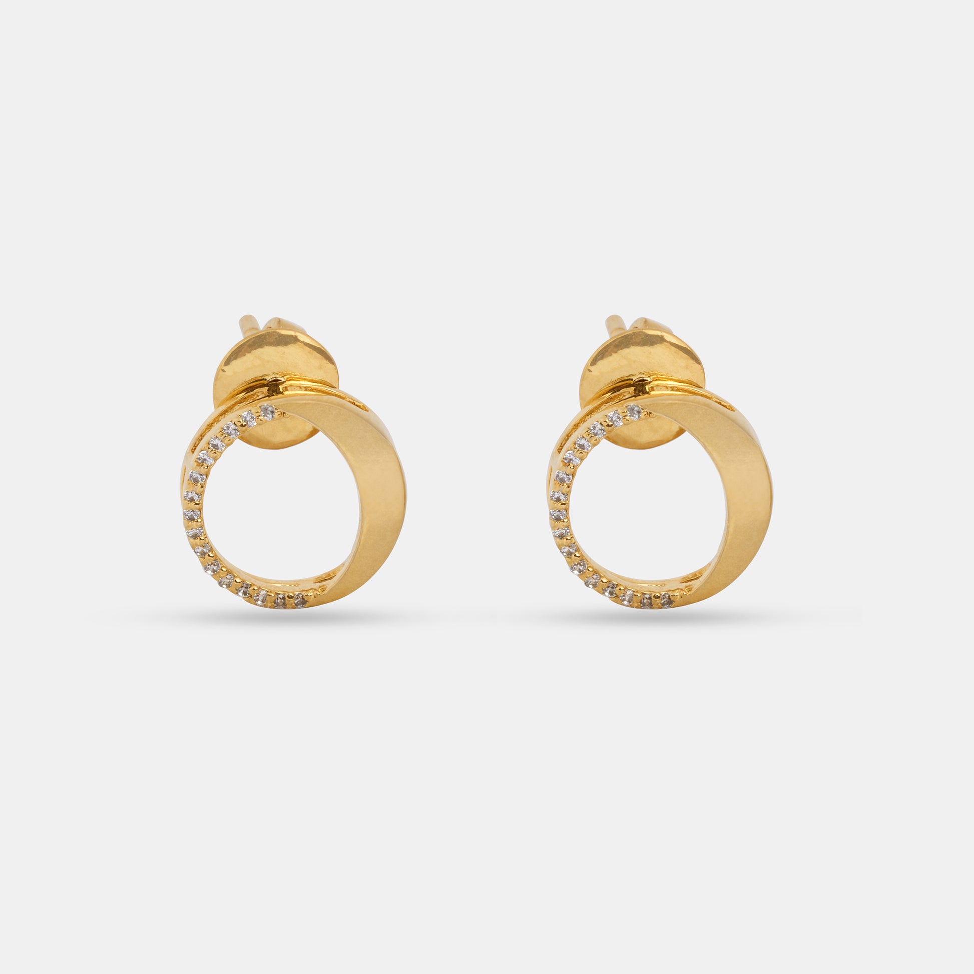Waning gibbous phase earring design, crafted from sterling silver with a high polish finish, featuring american diamonds