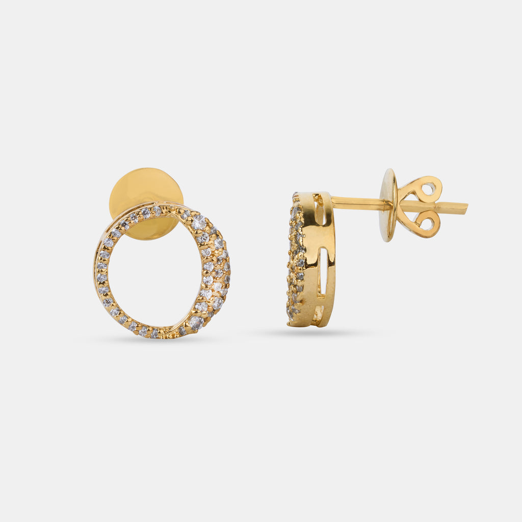 Waxing gibbous phase earring design, crafted from sterling silver with a high polish finish, featuring american diamonds