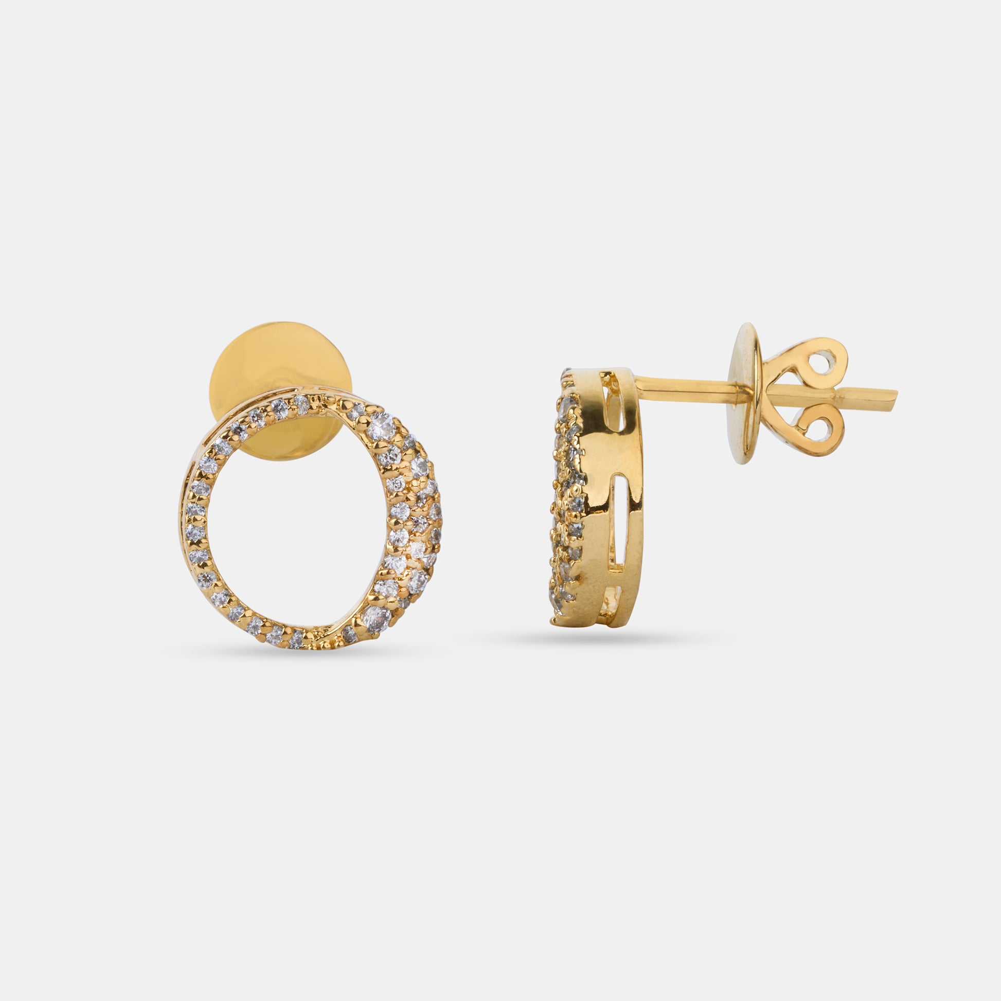 Waxing gibbous phase earring design, crafted from sterling silver with a high polish finish, featuring american diamonds