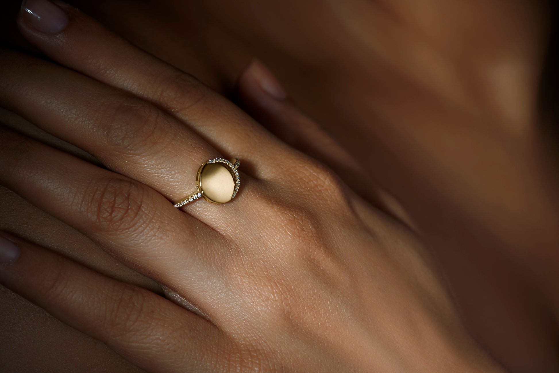 Waxing Crescent Ring in 92.5 Sterling Silver and high gold polish, featuring american diamonds