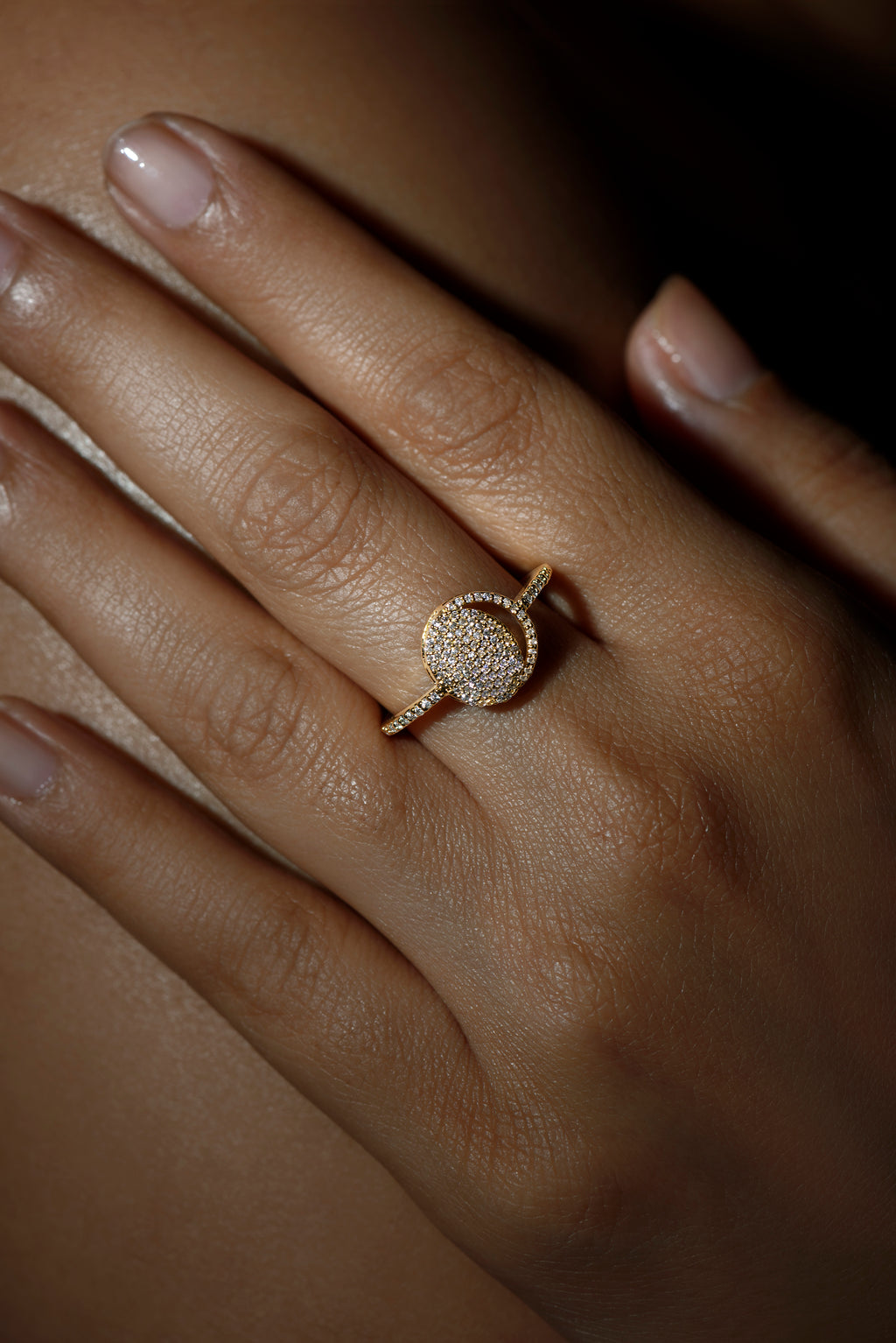 Waxing Crescent Ring in 92.5 Sterling Silver and high gold polish, featuring american diamonds