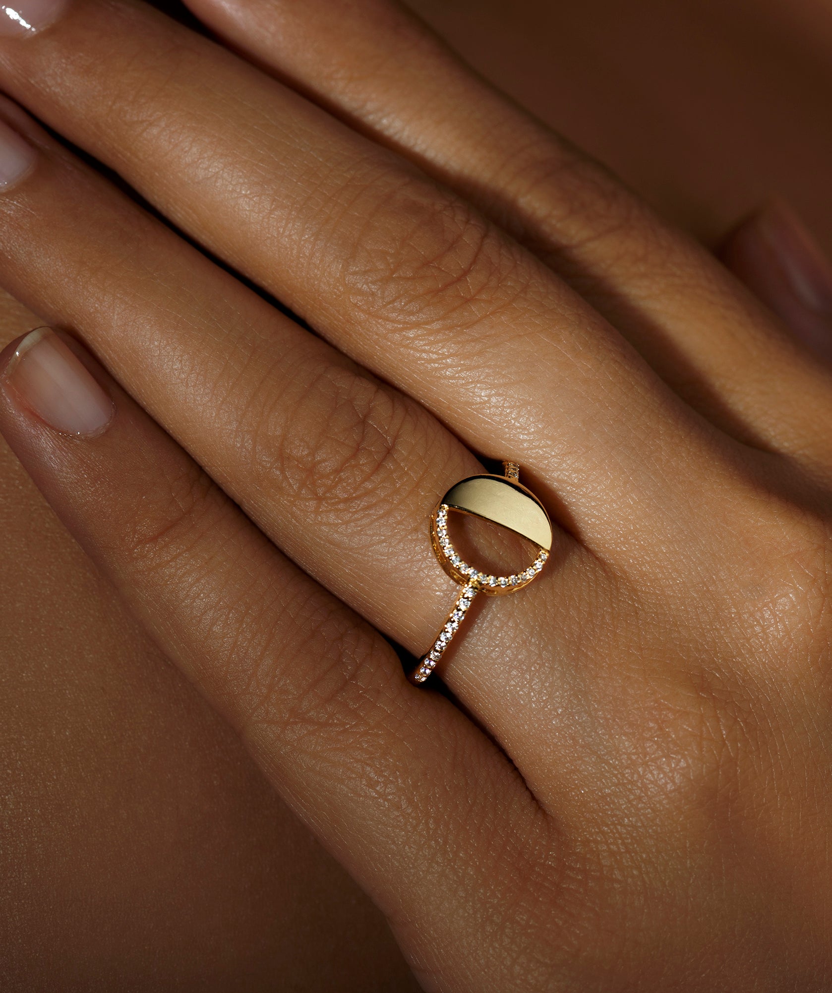 Last Quarter Ring in 92.5 Sterling Silver and high gold polish, featuring american diamonds