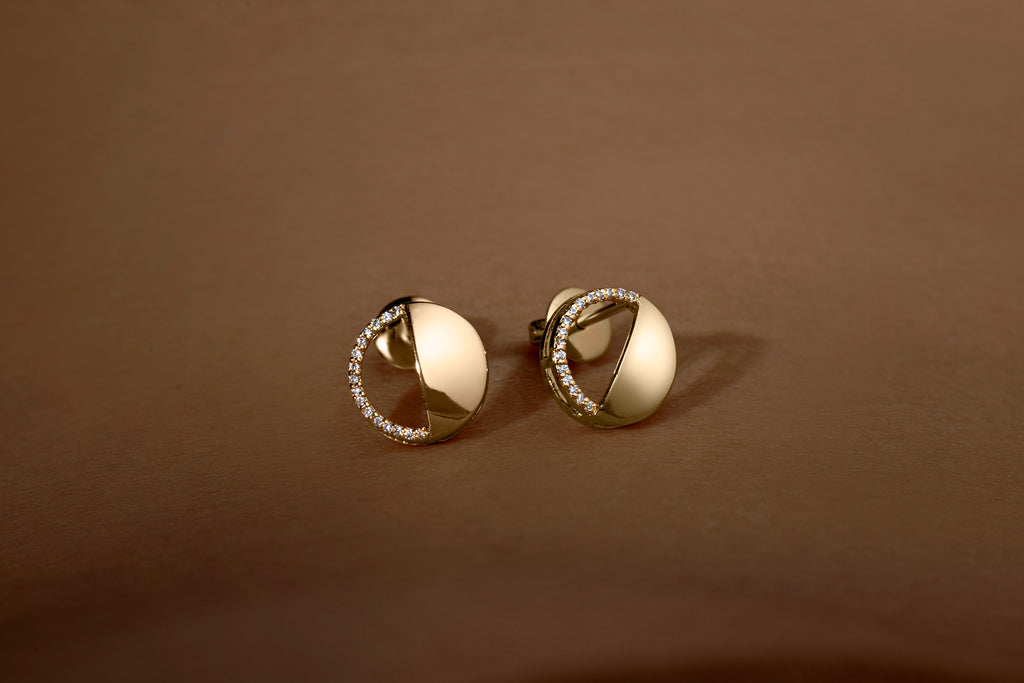 Last Quarter Earrings in 92.5 Sterling Silver and high gold polish, featuring american diamonds