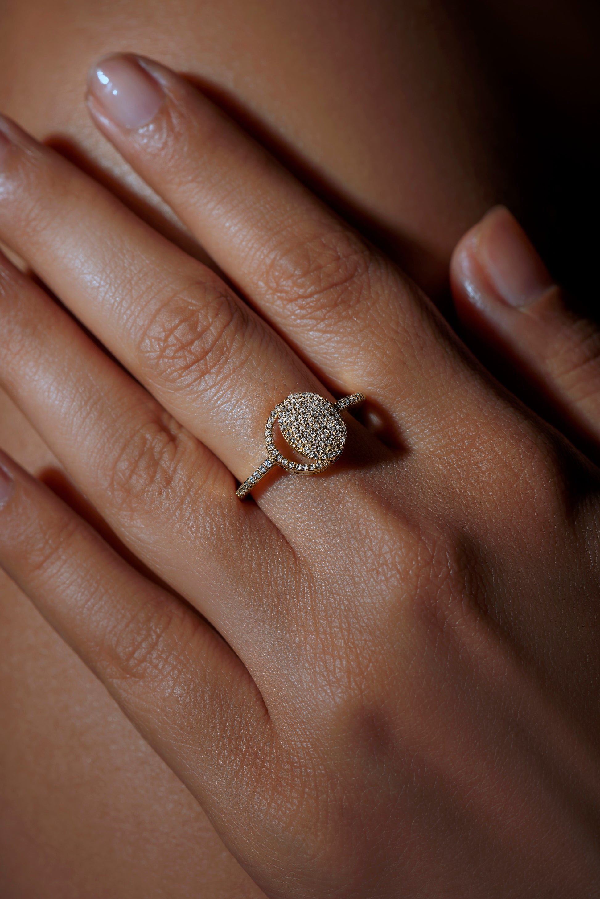 Waning Crescent Ring in 92.5 Sterling Silver and high gold polish, featuring american diamonds
