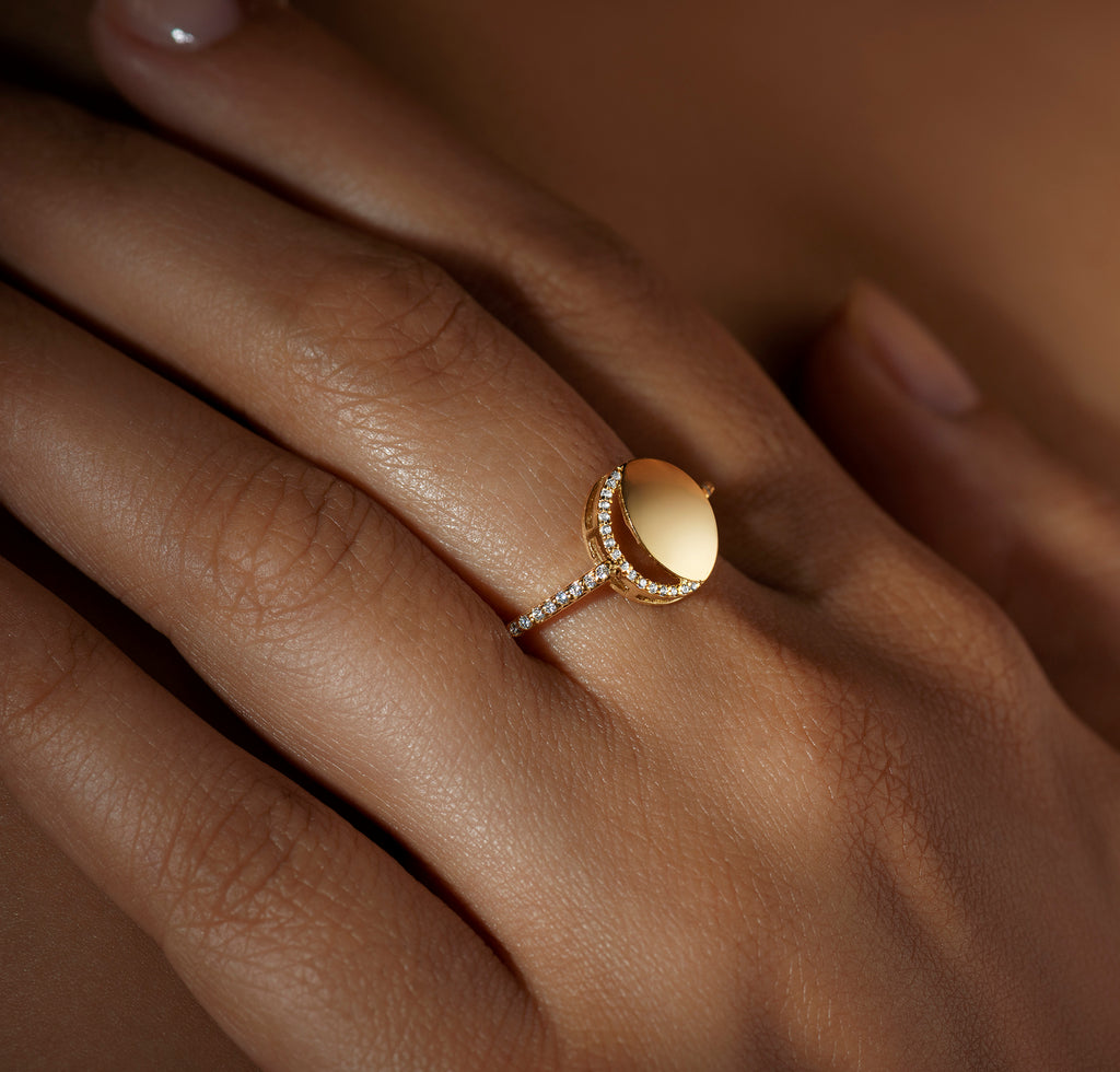Waning Crescent Ring in 92.5 Sterling Silver and high gold polish, featuring american diamonds