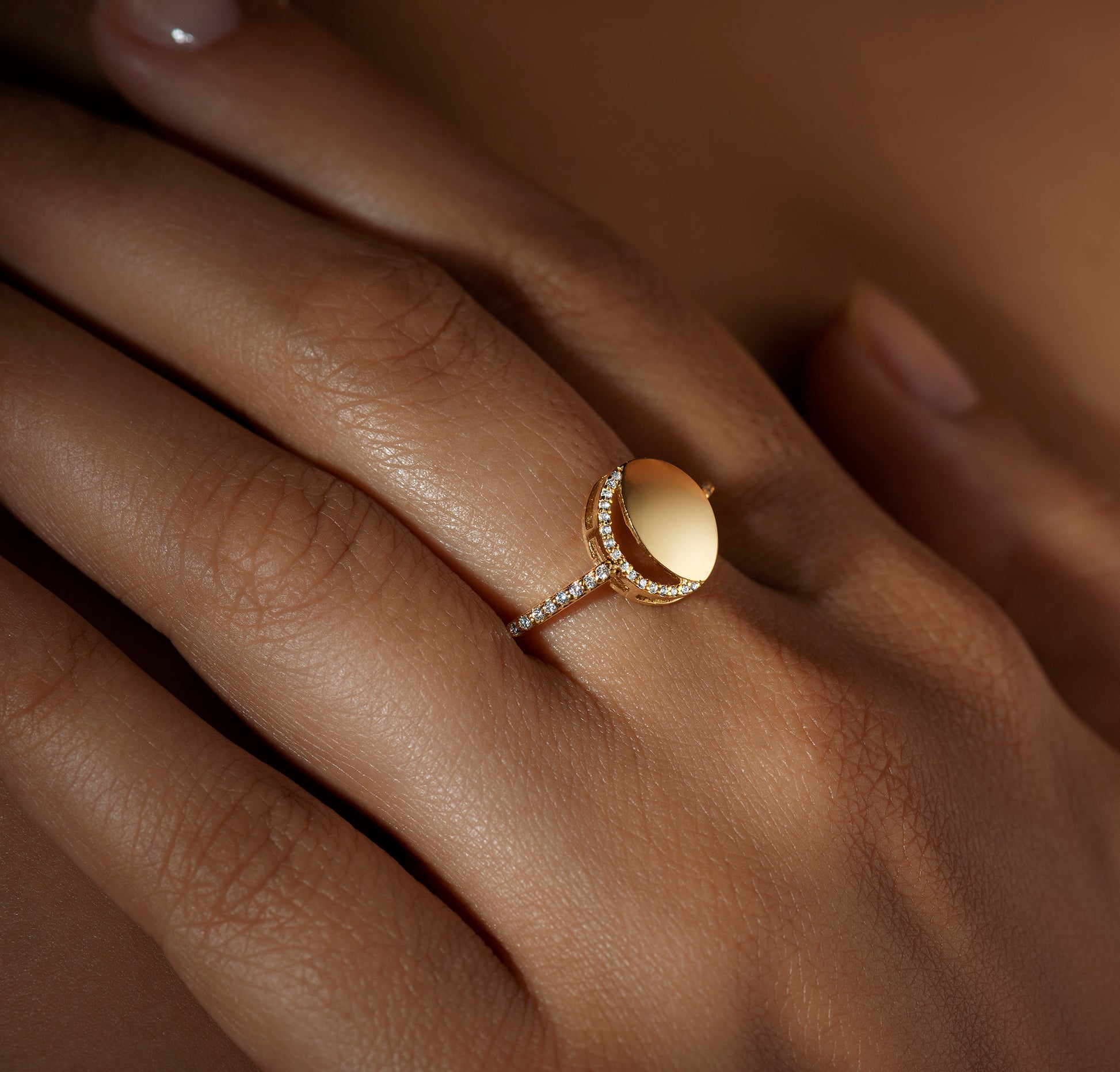 Waning Crescent Ring in 92.5 Sterling Silver and high gold polish, featuring american diamonds