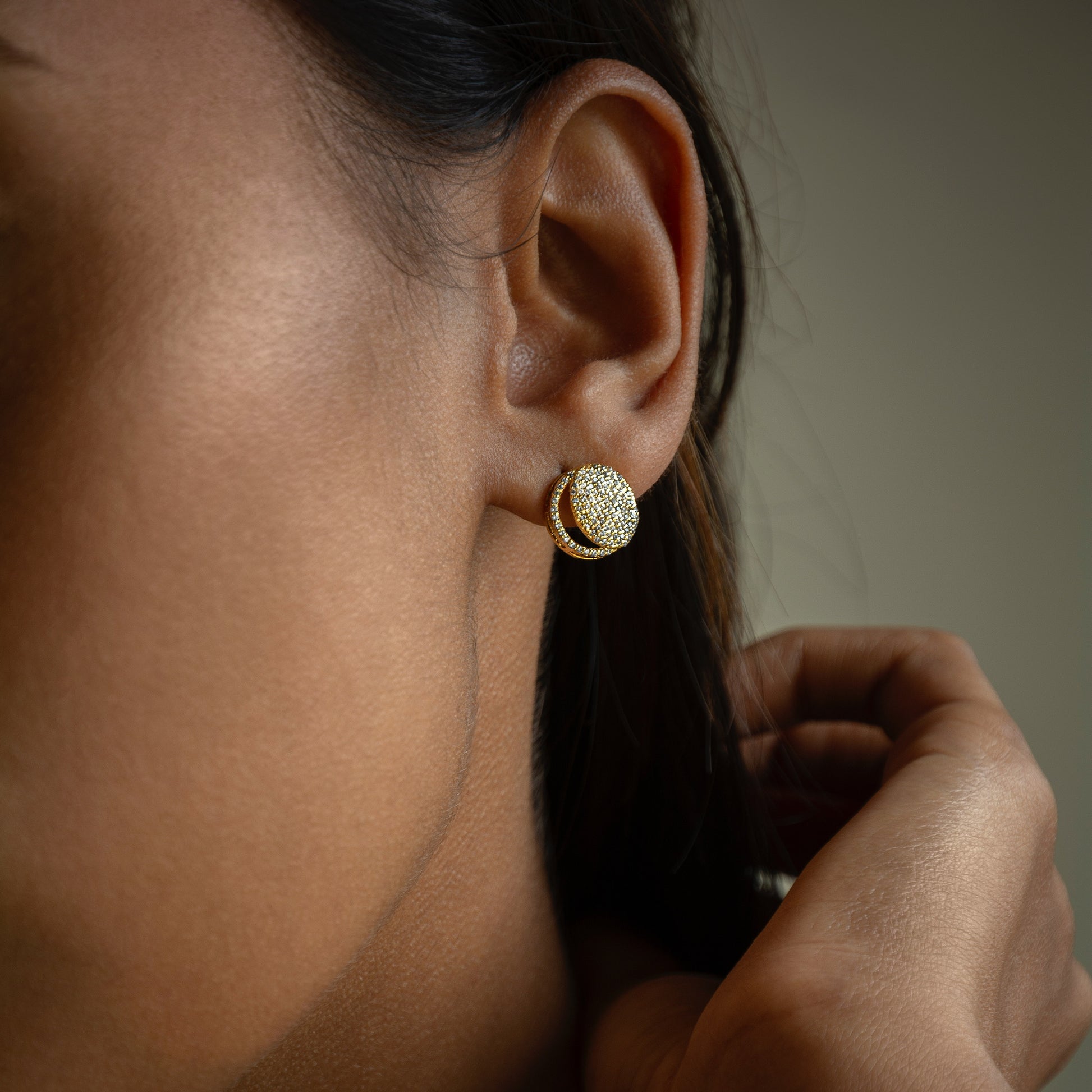 Waning Crescent Earing in 92.5 Sterling Silver and high gold polish, featuring american diamonds
