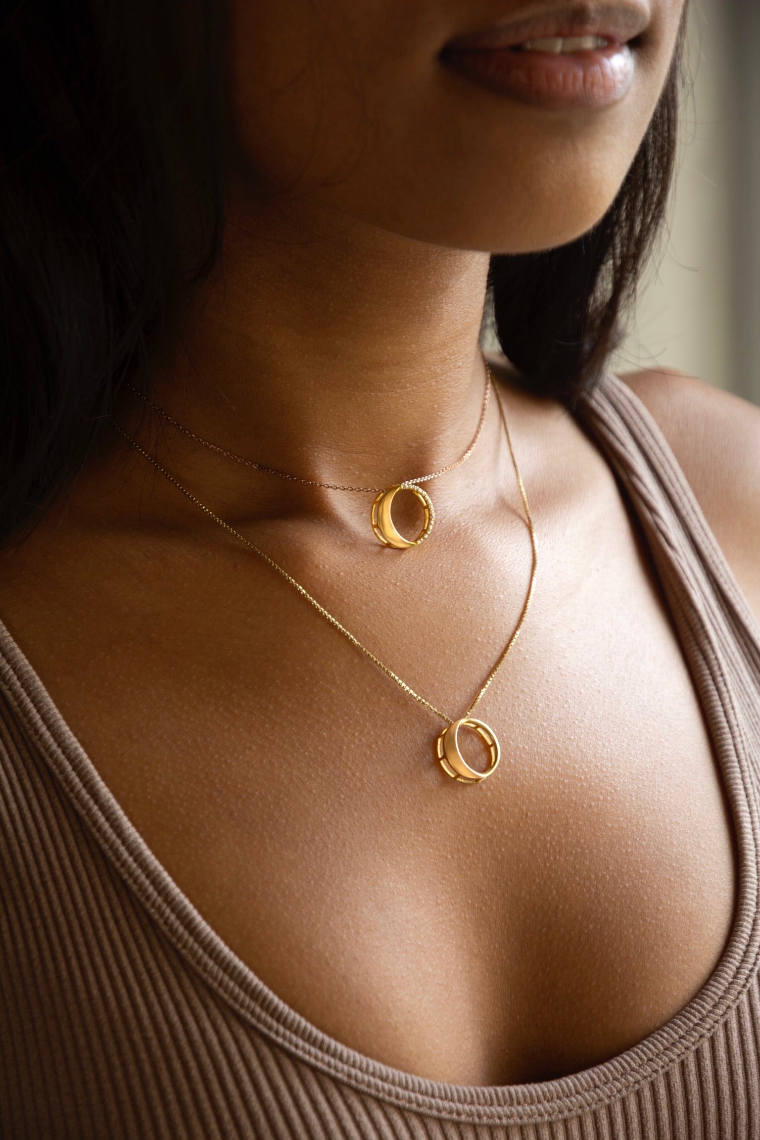2 Waxing Gibbous Pendants in 92.5 sterling silver and gold polish with american diamonds