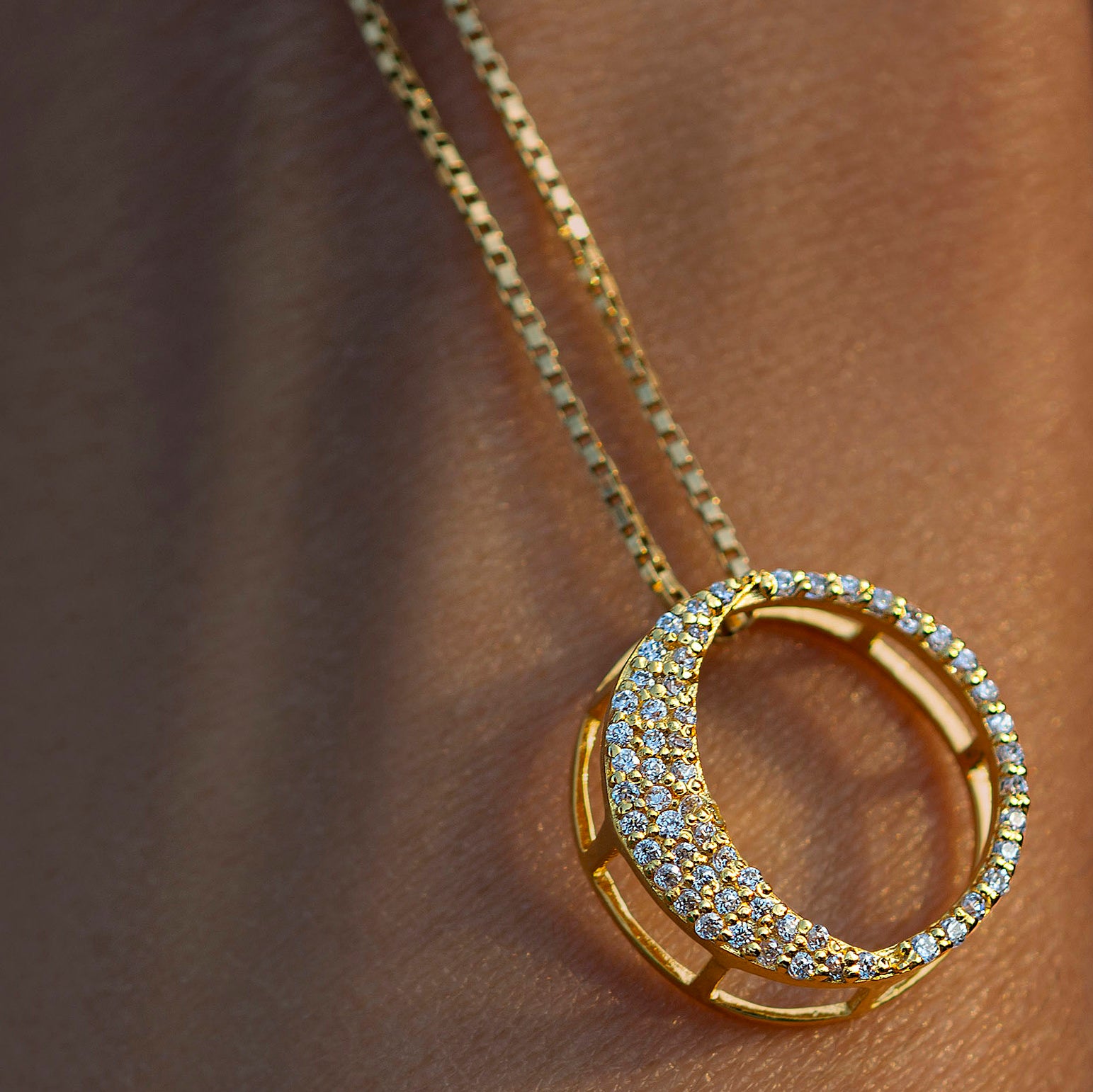 Waxing Gibbous Pendant in 92.5 sterling silver and gold polish with american diamonds